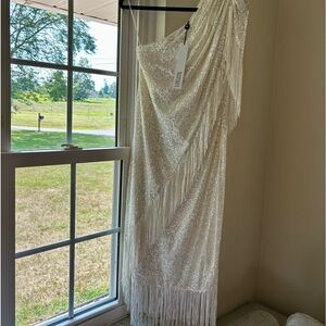 Badgely Mishka Fringed Sequin One-Shoulder Dress